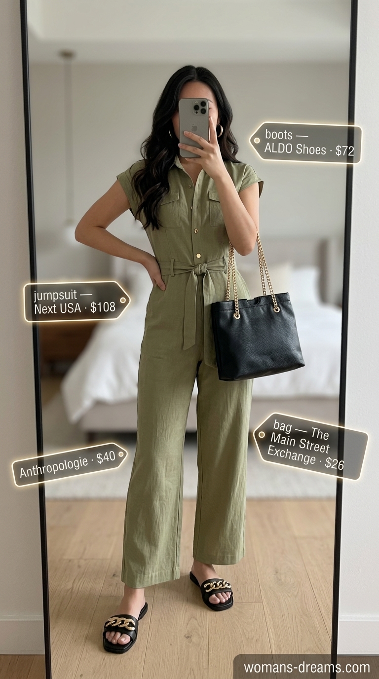Easy comfy summer outfits for women 2026: Khaki utility jumpsuit, gold hoops, black shoulder bag for weekend outing.