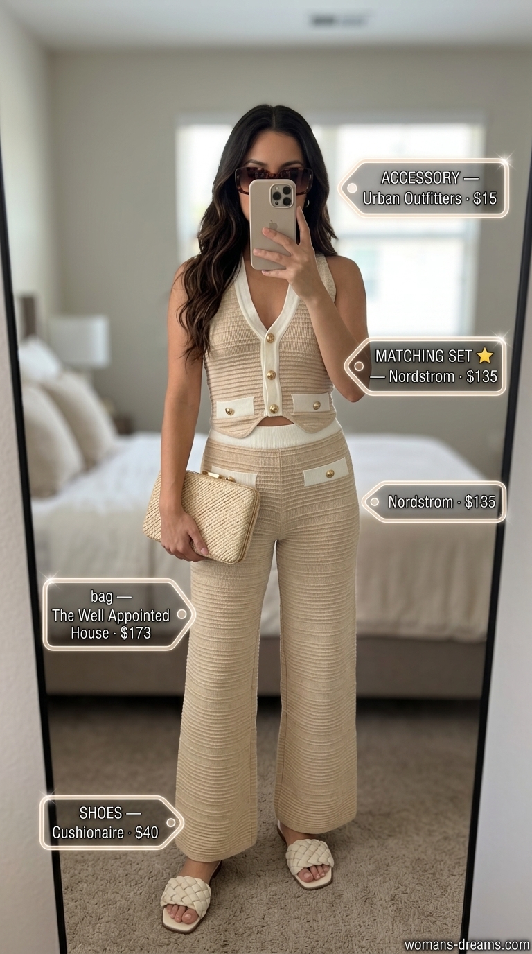 Easy comfy summer outfits for women 2026: Oatmeal knit set, woven slides, straw clutch for resort lounging.