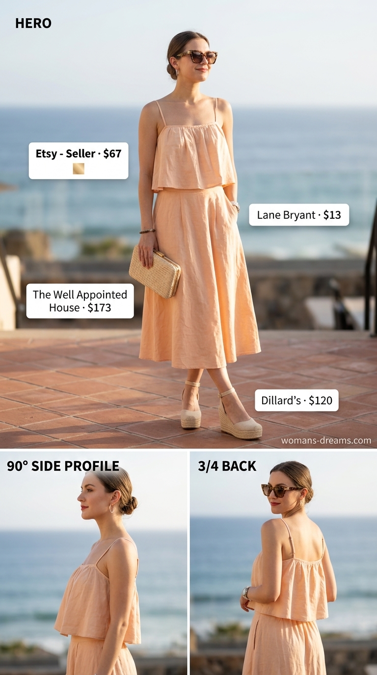 Easy comfy summer outfits for women 2026: Peach linen set, wedge espadrilles, straw clutch for resort wear.
