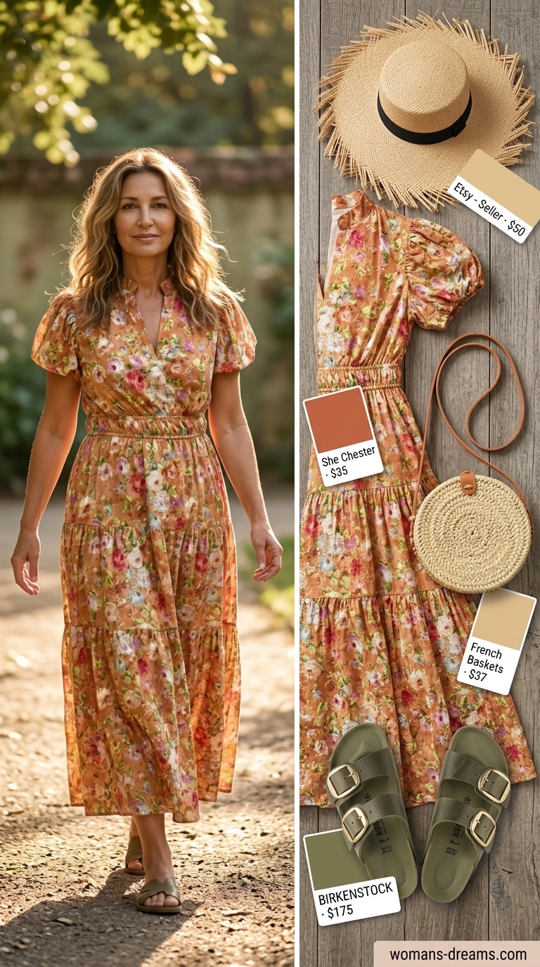 Easy comfy summer outfits for women 2026: Terracotta floral maxi dress, straw hat, leather slides for market day.