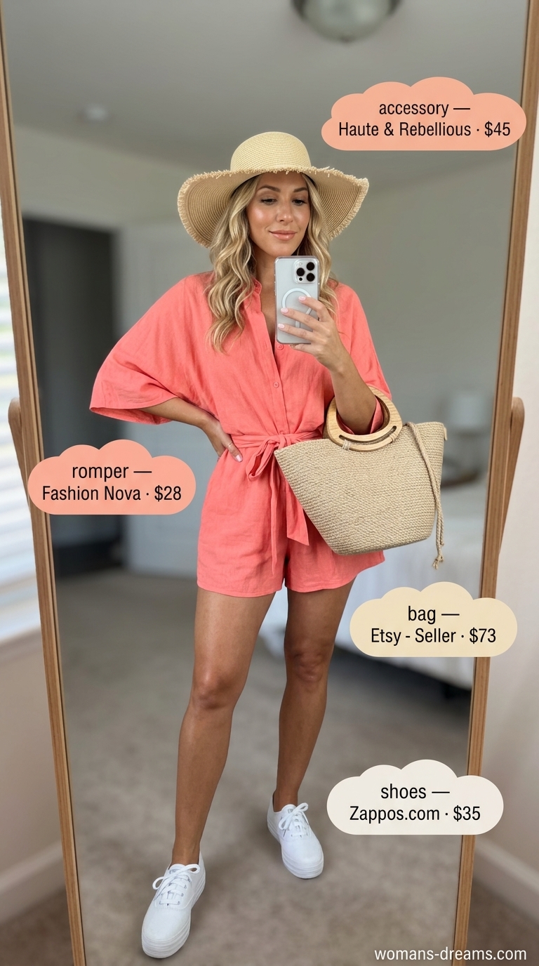 Easy comfy summer outfits for women 2026: Coral romper, canvas sneakers, straw hat for farmer's market.
