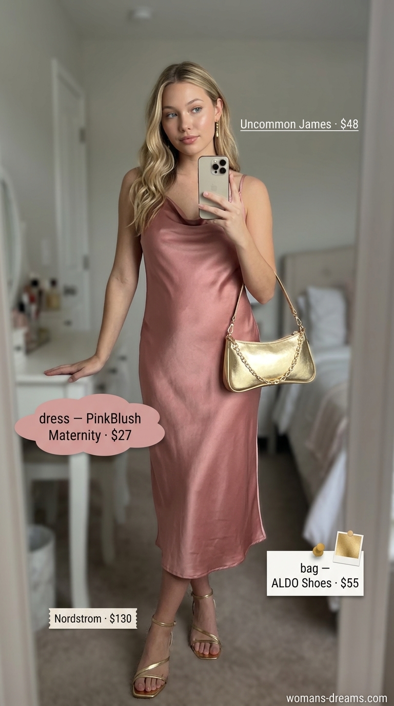 Easy comfy summer outfits for women 2026: Dusty rose satin slip dress, gold sandals, gold bag for beach dinner.