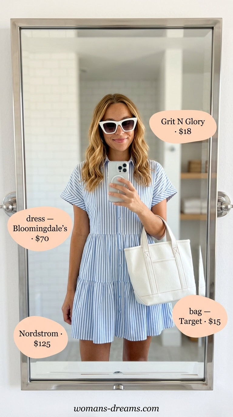 Easy comfy summer outfits for women 2026: Sky blue stripe mini shirt dress, white tote, espadrilles for weekend getaway.