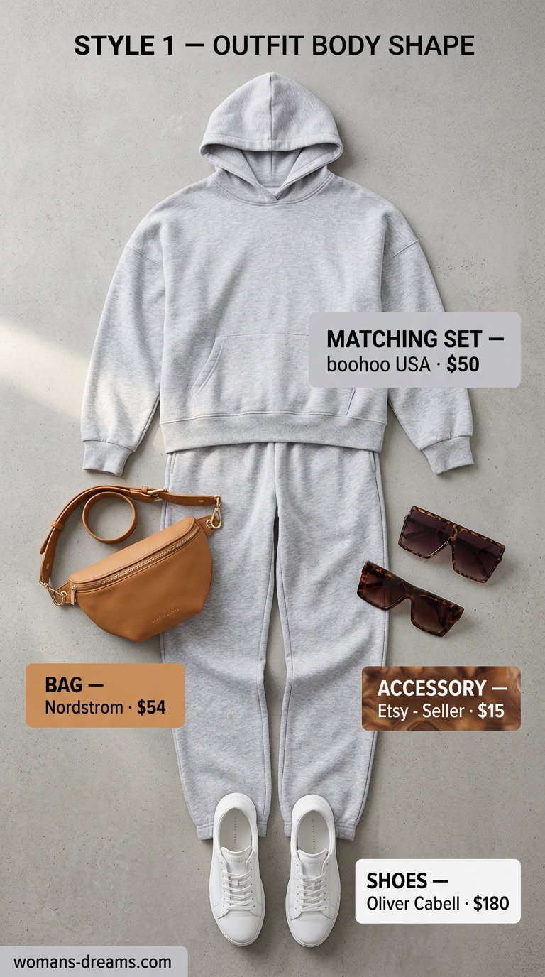 Effortless summer outfits for women over 30 2026: Grey knit matching set, white sneakers, belt bag.