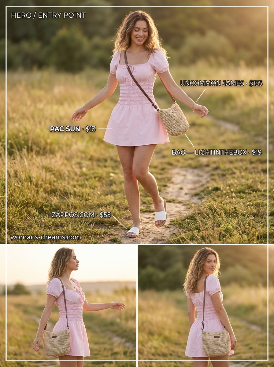 Effortless summer outfits for women over 30 2026: Blush pink tiered mini dress with white slides and straw bag.