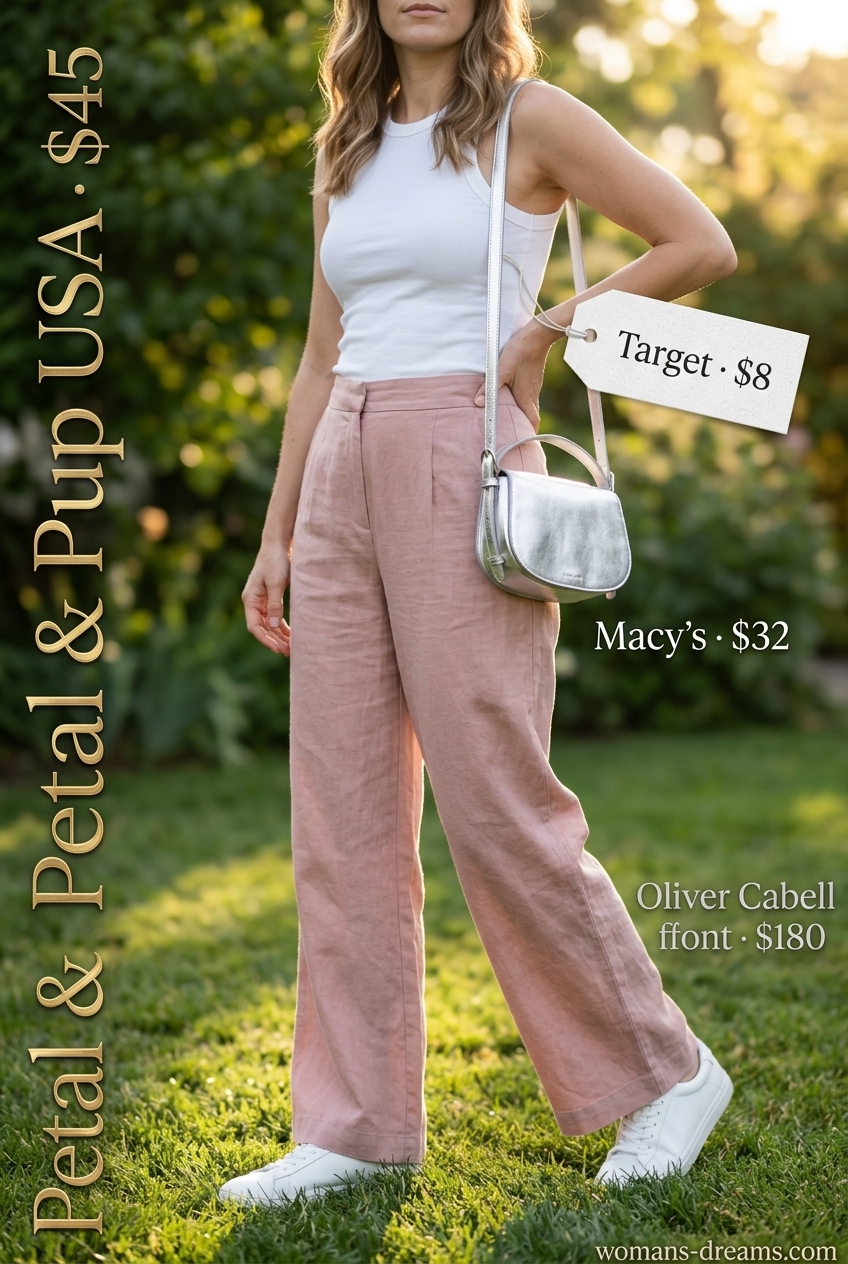 Effortless summer outfits for women over 30 2026: Blush pink trousers, white tank, white sneakers.