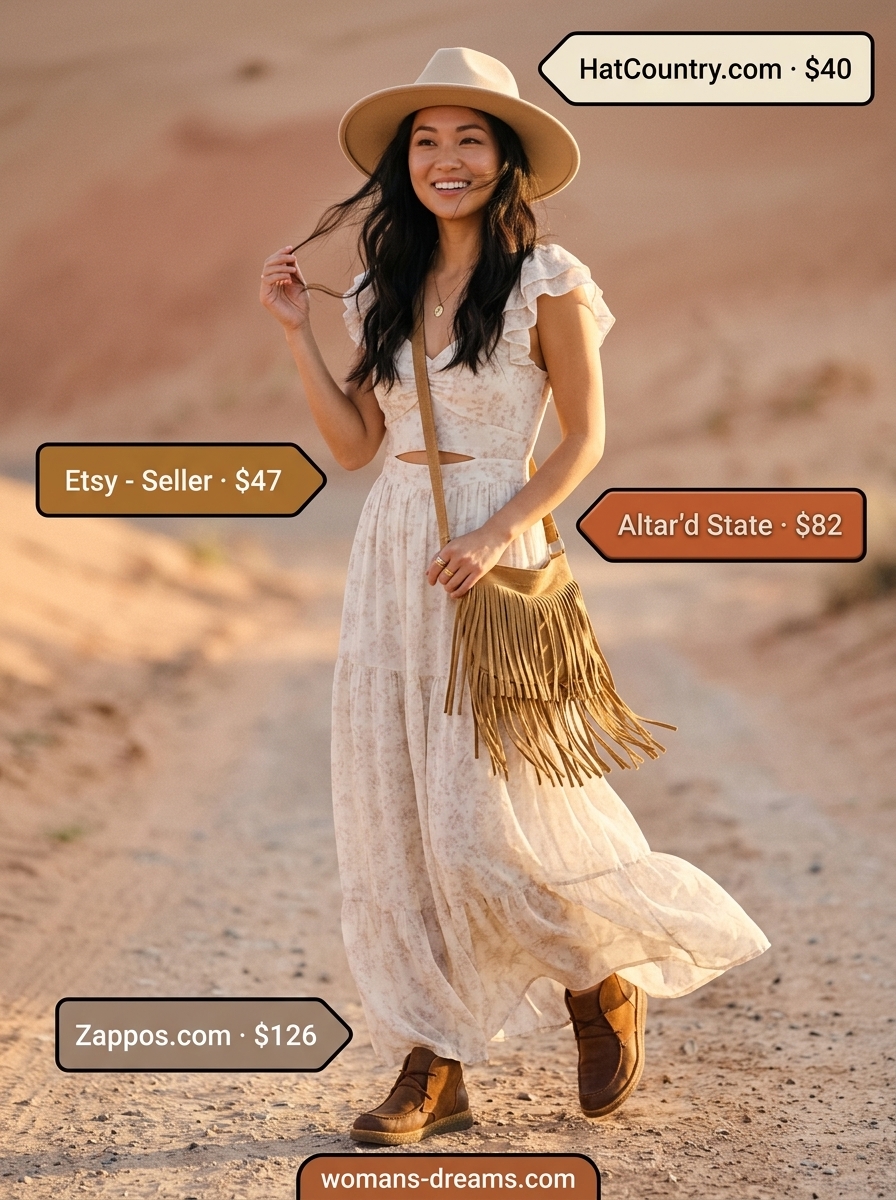 Effortless summer outfits for women over 30 2026: Boho floral maxi dress, felt hat, ankle boots.