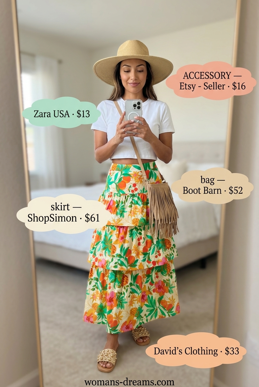 Effortless summer outfits for women over 30 2026: Boho maxi skirt, white crop top, straw hat, fringe bag.