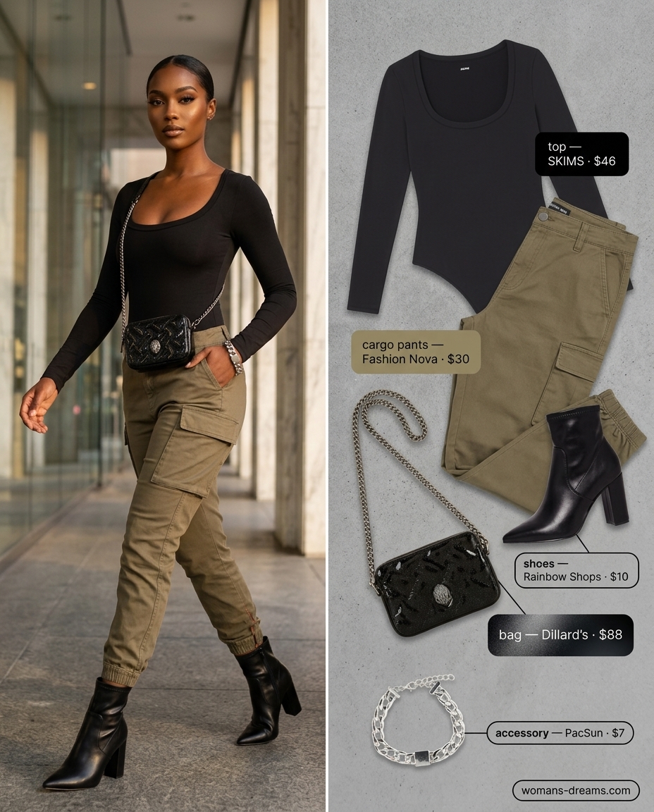 Effortless summer outfits for women over 30 2026: Khaki cargo pants, black bodysuit, ankle boots for urban exploration.