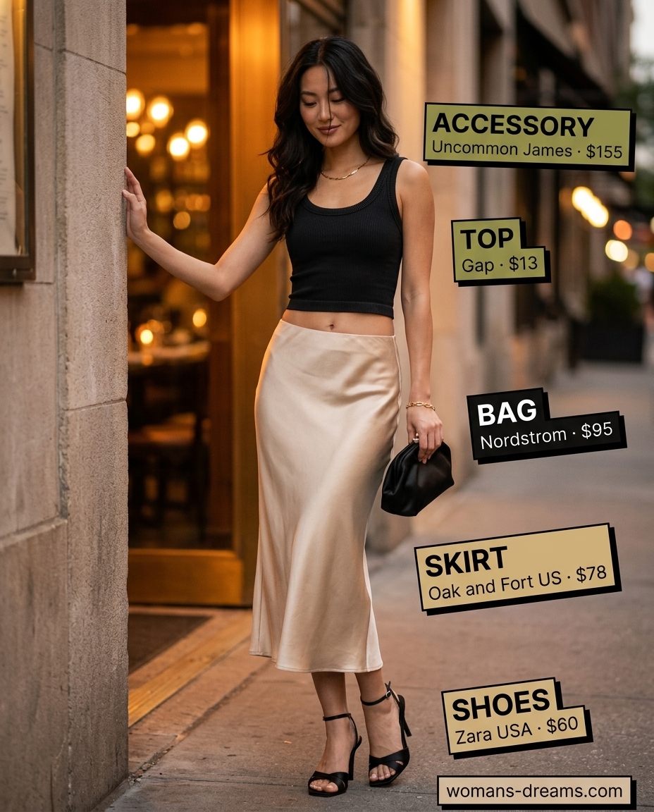 Effortless summer outfits for women over 30 2026: Champagne slip skirt, black crop top, black heels.