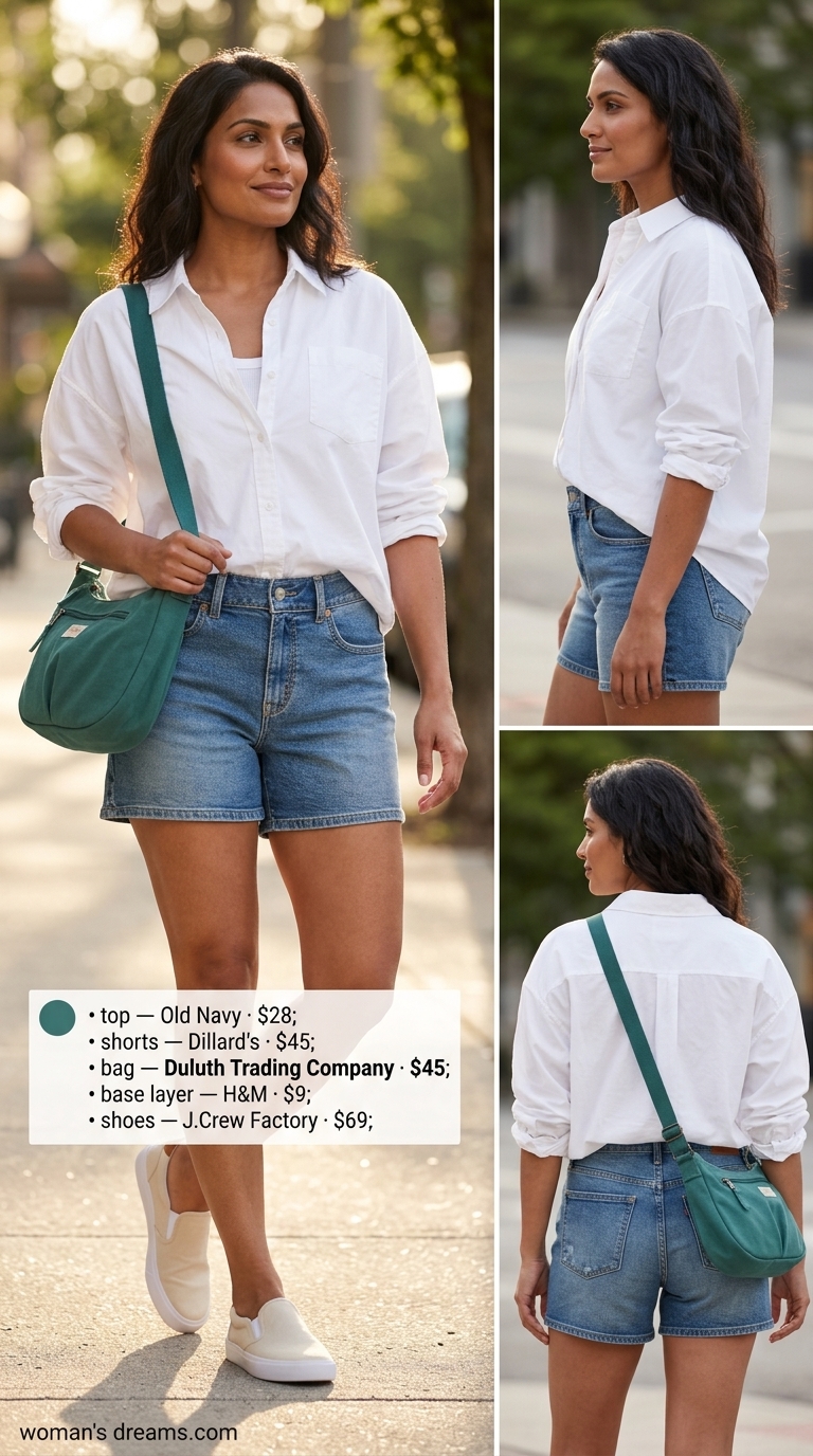 Effortless summer outfits for women over 30 2026: Denim shorts, oversized white shirt, tank, sneakers for weekend errands.