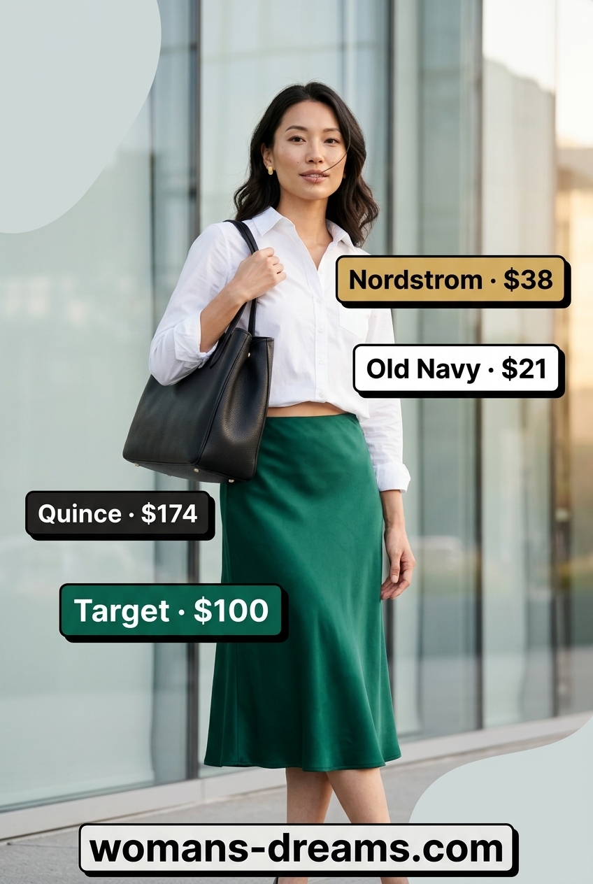 Effortless summer outfits for women over 30 2026: Emerald green midi skirt, white shirt, black pumps for office chic.