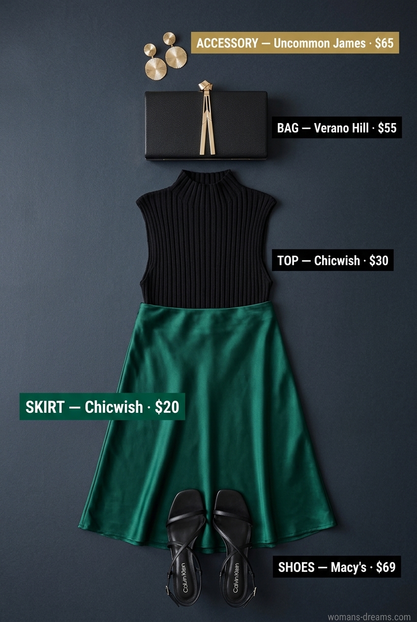 Effortless summer outfits for women over 30 2026: Emerald green satin skirt, black crop top, black heels.