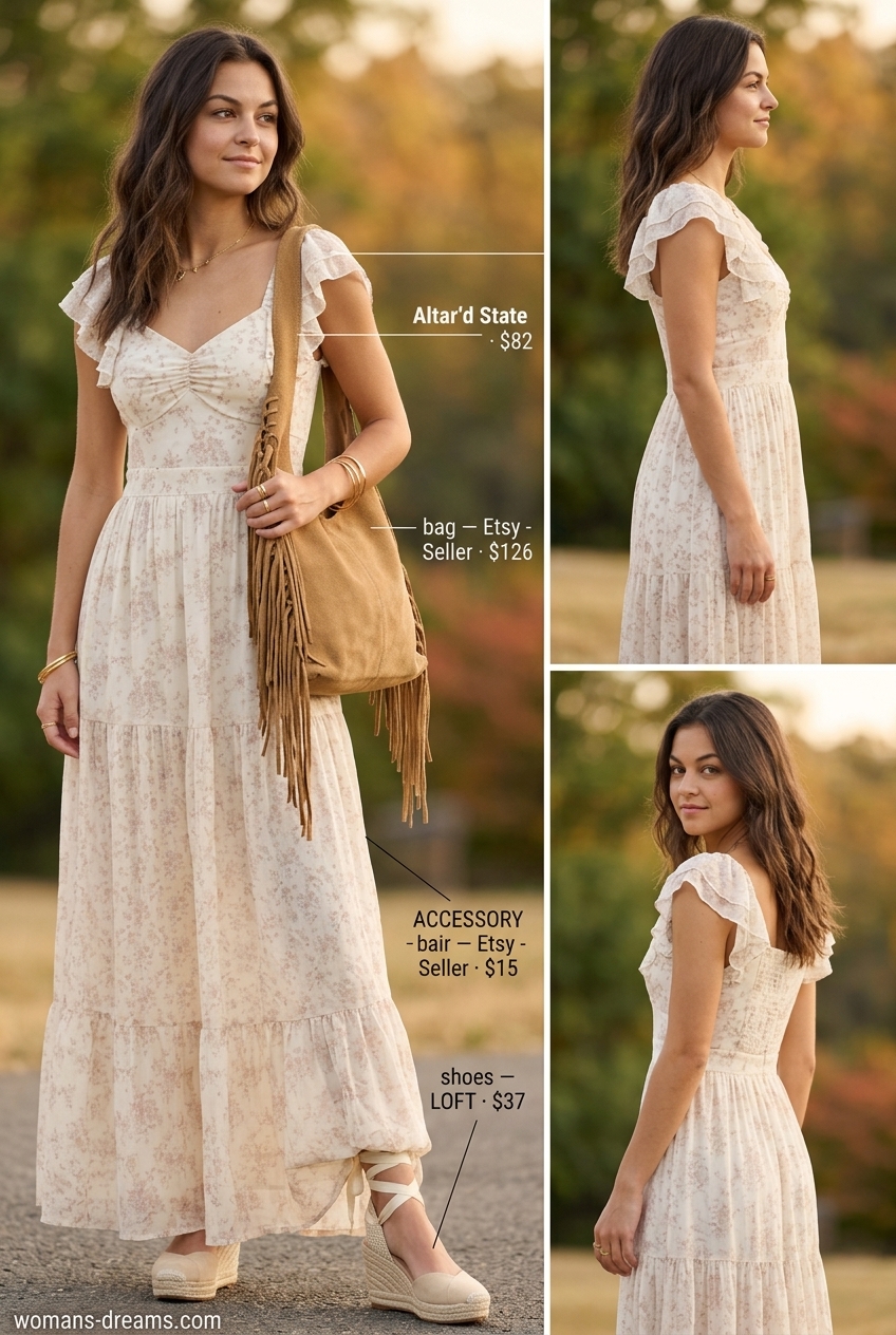 Effortless summer outfits for women over 30 2026: Vibrant floral maxi dress, espadrilles, fringe bag.