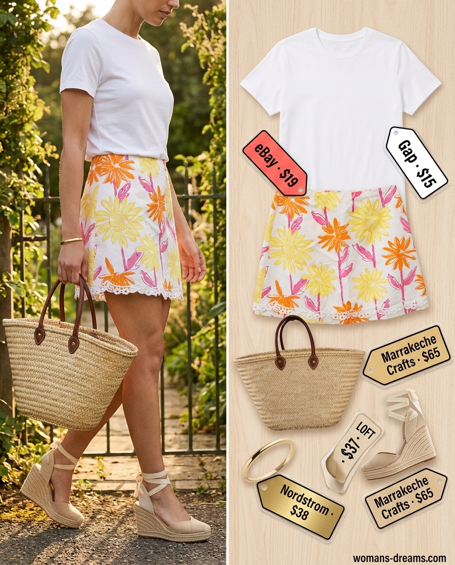 Effortless summer outfits for women over 30 2026: Floral mini skirt with white tee and espadrilles.