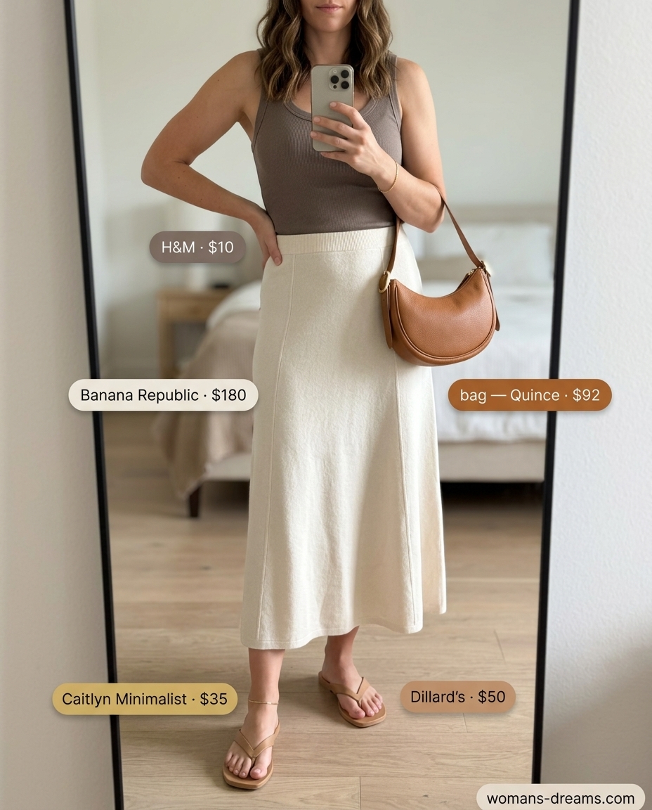 Effortless summer outfits for women over 30 2026: Cream knit midi skirt with tan tank and leather sandals.