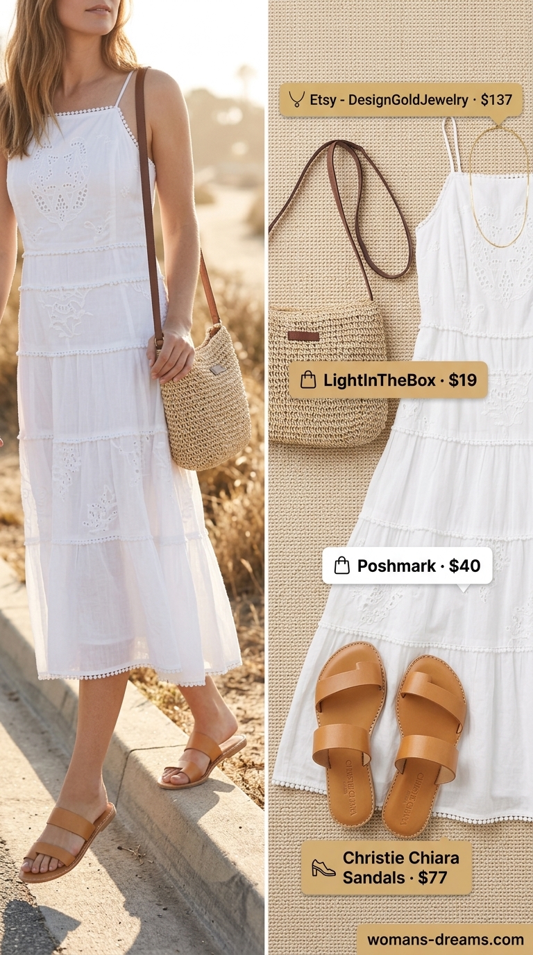 Effortless summer outfits for women over 30 2026: White linen midi dress with tan slides and straw bag.