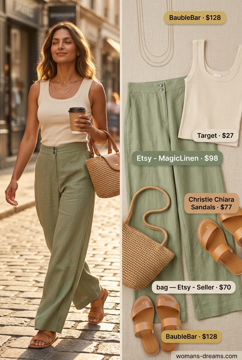 Effortless summer outfits for women over 30 2026: Sage green linen pants, cream tank, straw bag for coastal style.