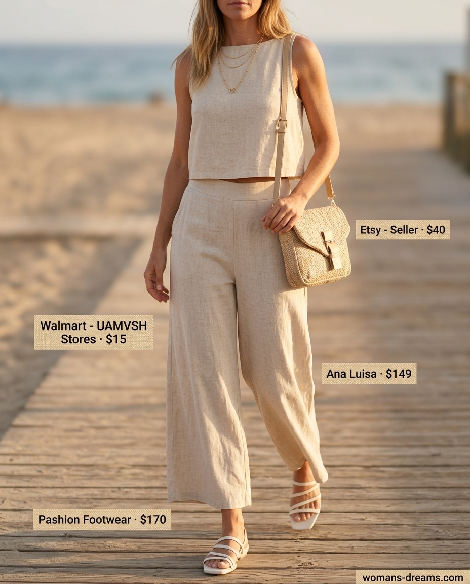 Effortless summer outfits for women over 30 2026: Sand linen set with ivory slides and straw bag.