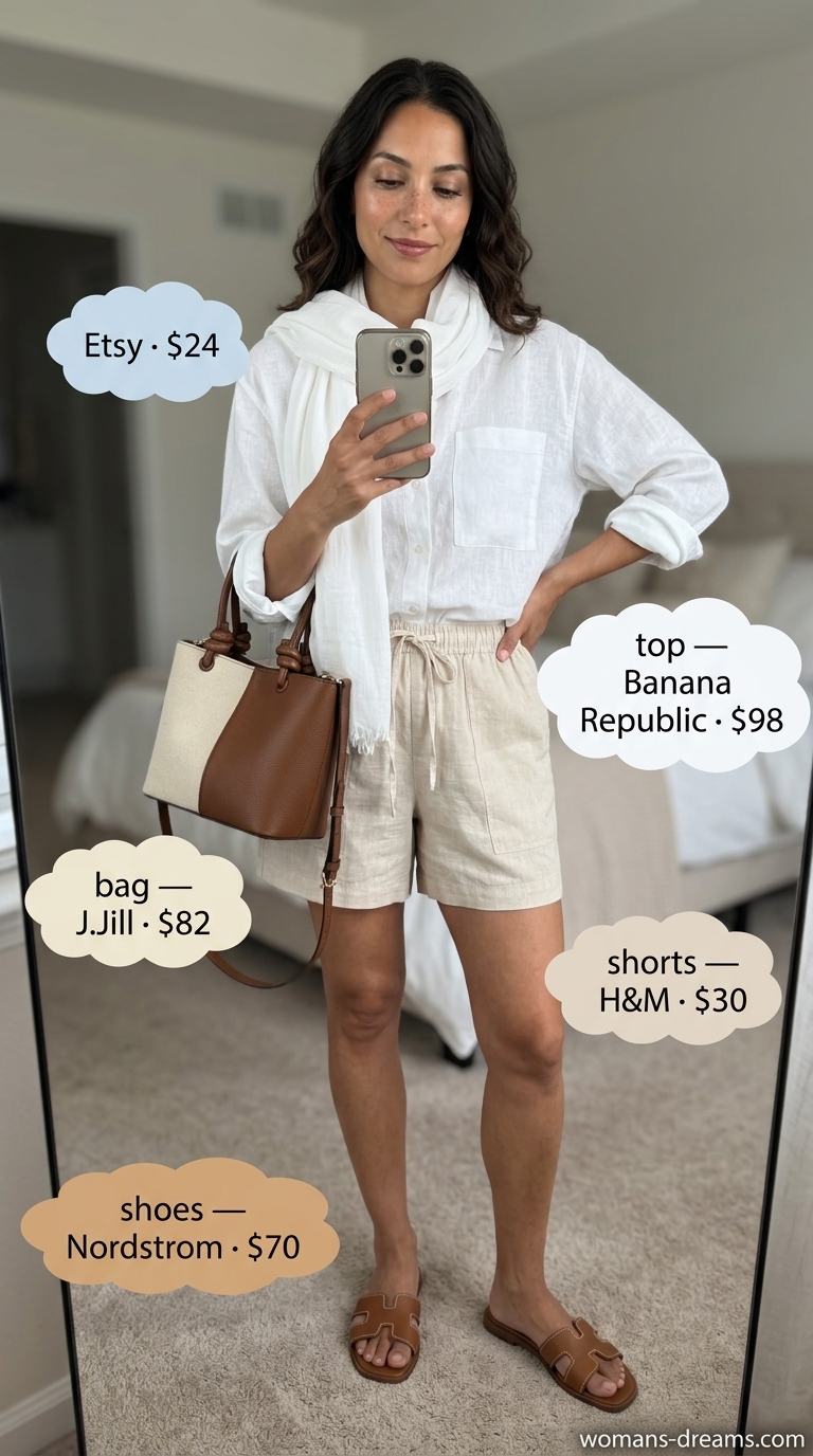 Effortless summer outfits for women over 30 2026: White linen shirt with tan shorts and canvas tote.