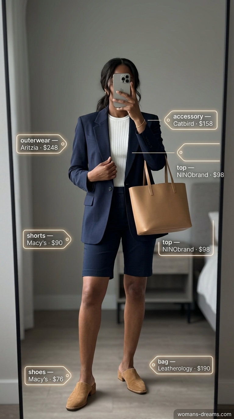 Effortless summer outfits for women over 30 2026: Navy shorts, blazer, white top, tan mules for a polished daytime event.