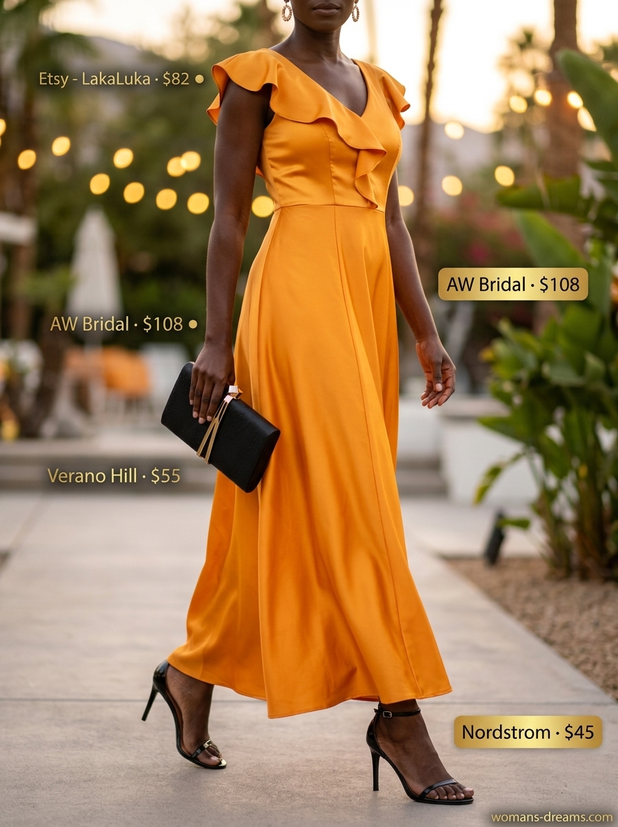 Effortless summer outfits for women over 30 2026: Mango orange maxi dress, gold earrings, black sandals for an evening event.