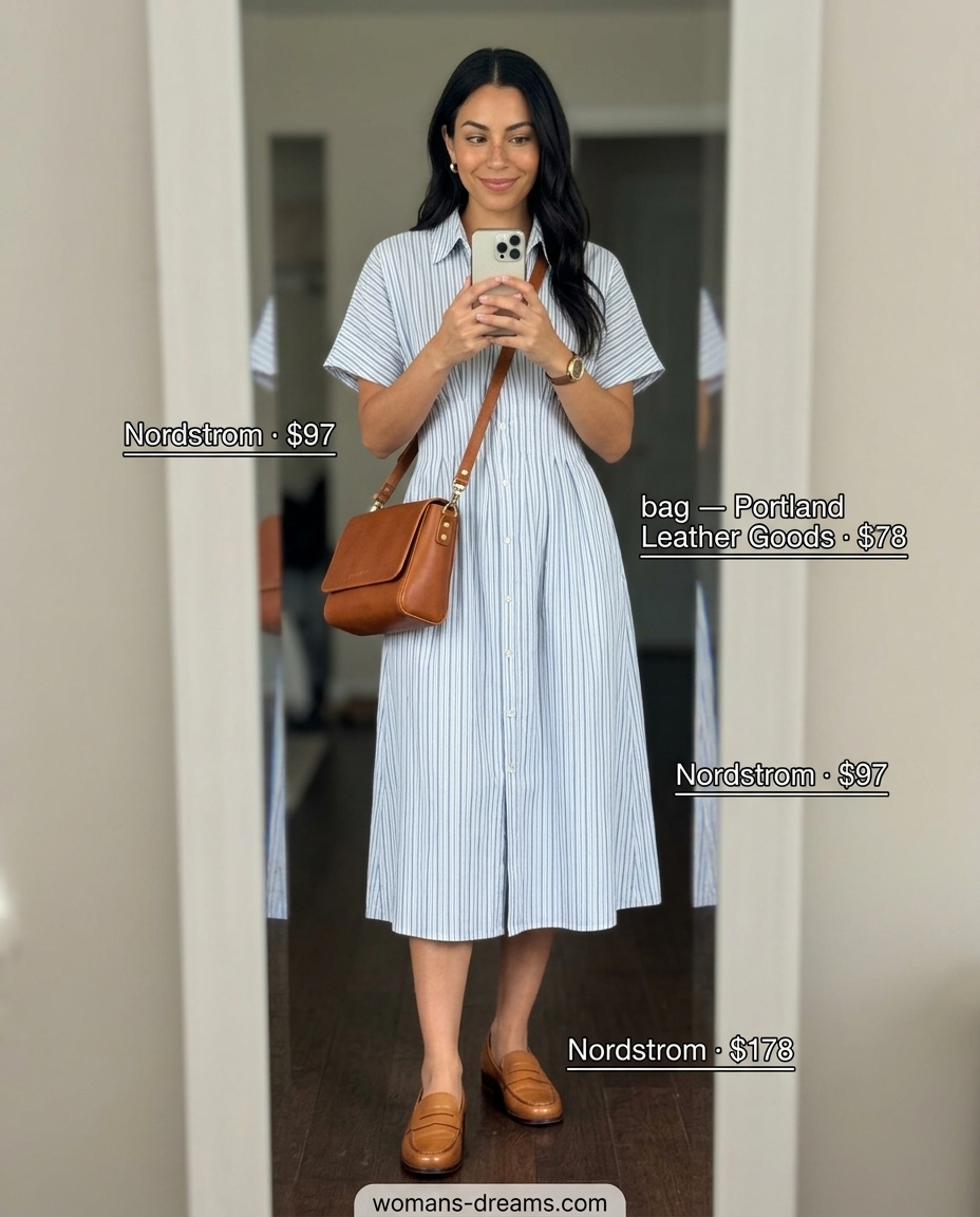 Effortless summer outfits for women over 30 2026: Light blue striped shirtdress, tan loafers, crossbody bag for versatile style.