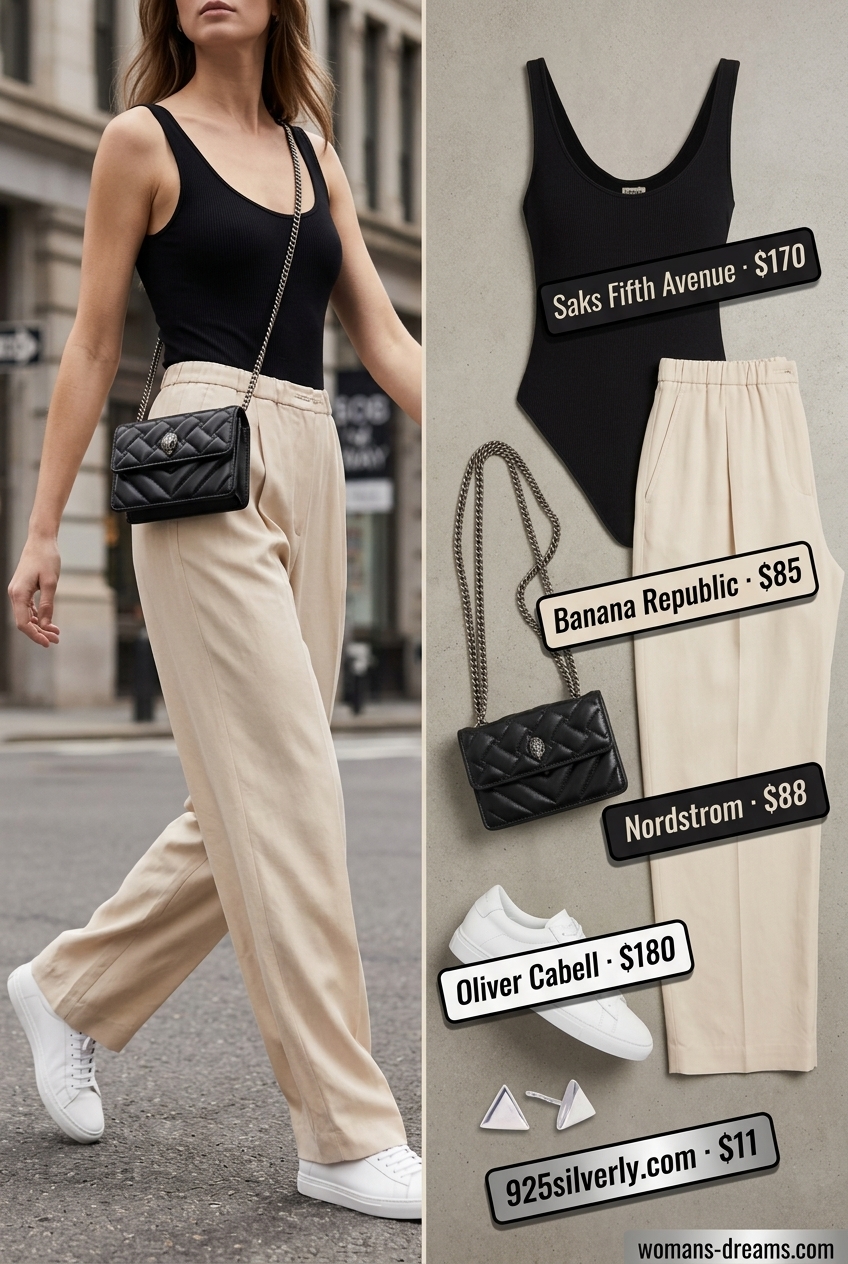 Effortless summer outfits for women over 30 2026: Beige wide-leg pants, black bodysuit, white sneakers, silver earrings.