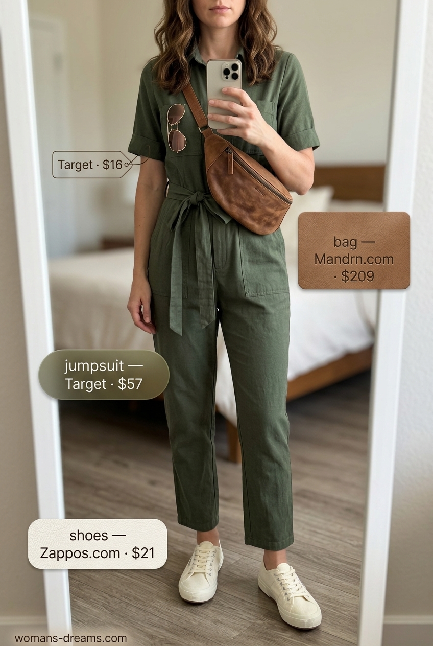 Effortless summer outfits for women over 30 2026: Olive green utility jumpsuit, canvas sneakers, belt bag.