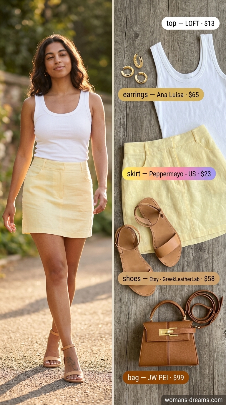 Effortless summer outfits for women over 30 2026: Yellow linen skirt with white tank and tan sandals.