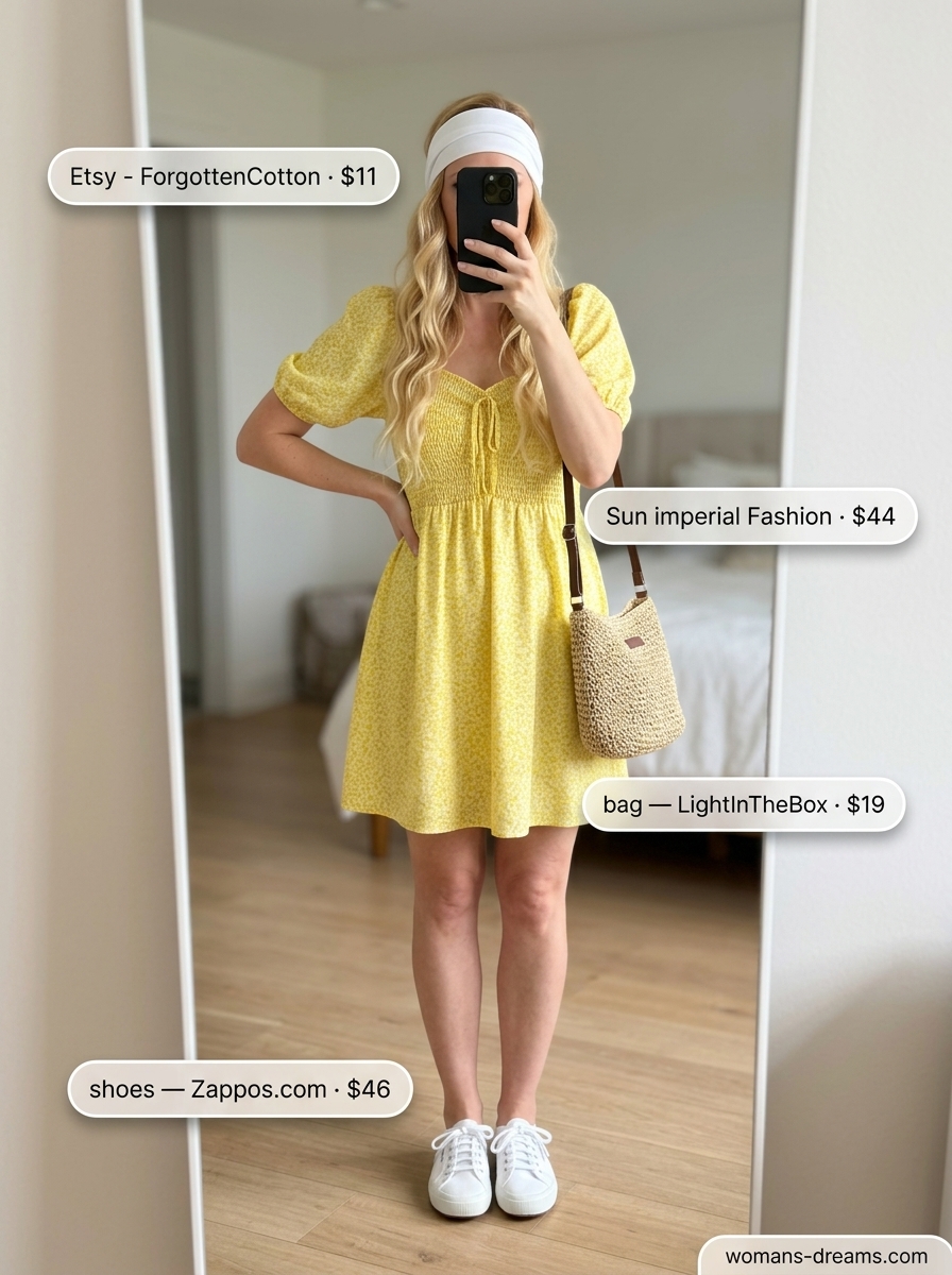 Effortless summer outfits for women over 30 2026: Sunflower yellow sundress, straw bag, white sneakers for a picnic.