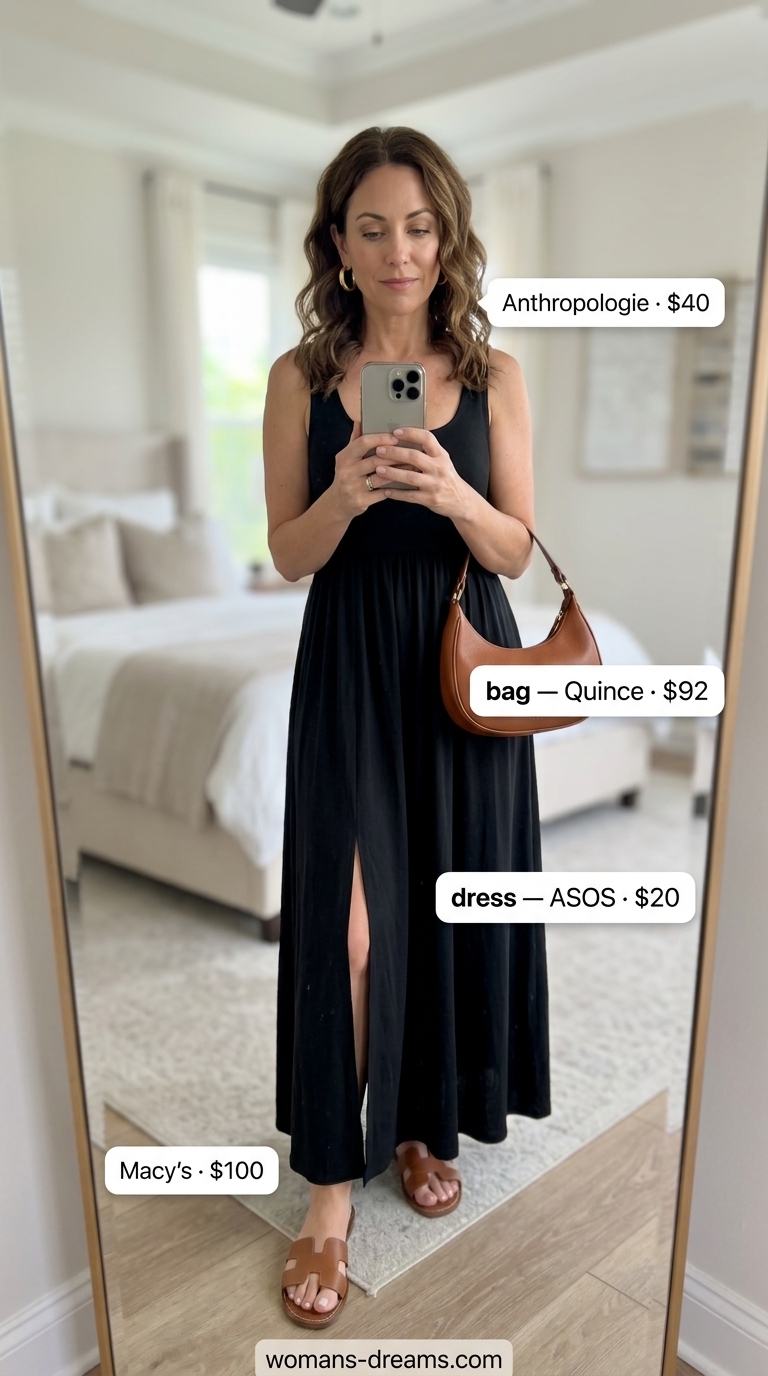 Elegant summer flowy maxi dresses 2026: Black sleeveless maxi dress for chic evening out.