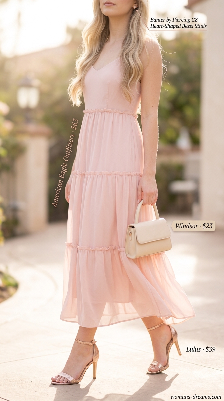Elegant summer flowy maxi dresses 2026: Pale peach ruffled maxi dress for bridal showers & romantic dates.