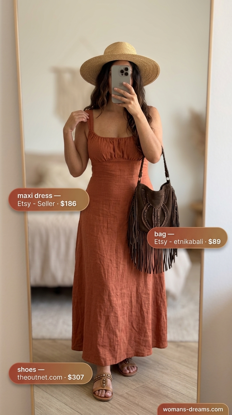 Elegant summer flowy maxi dresses 2026: Terracotta peasant maxi dress for festivals and sunset gatherings.