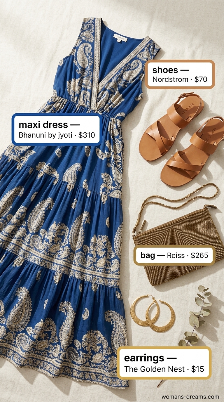 Elegant summer flowy maxi dresses 2026: Boho wedding guest dress in indigo blue silk with gold accents.