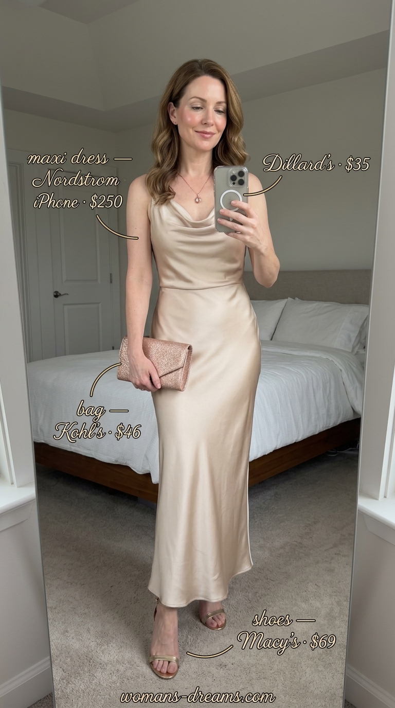 Elegant summer flowy maxi dresses 2026: Champagne cowl neck maxi dress for summer weddings & formal events.