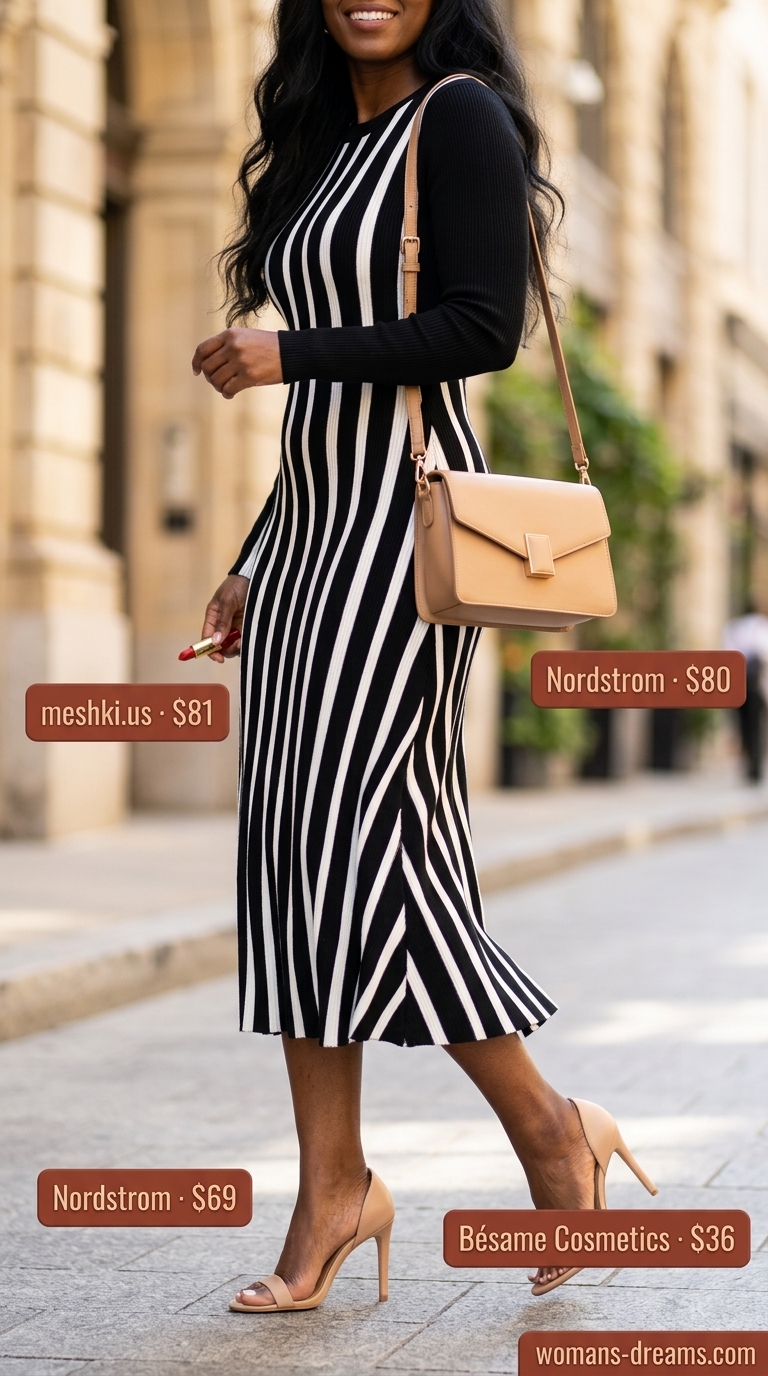Elegant summer flowy maxi dresses 2026: Black and white striped knit maxi dress for city exploration.