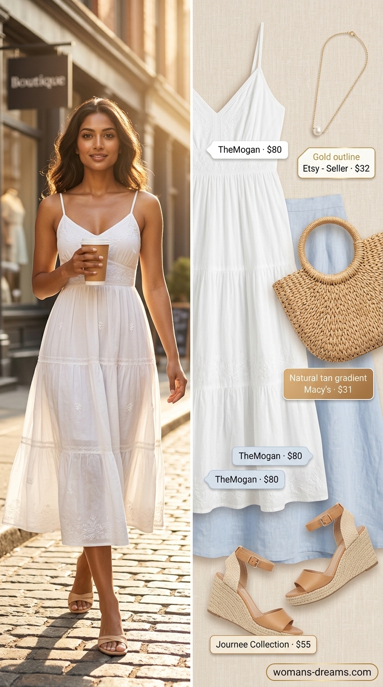 Elegant summer flowy maxi dresses 2026: White eyelet maxi dress for coastal resort brunch.