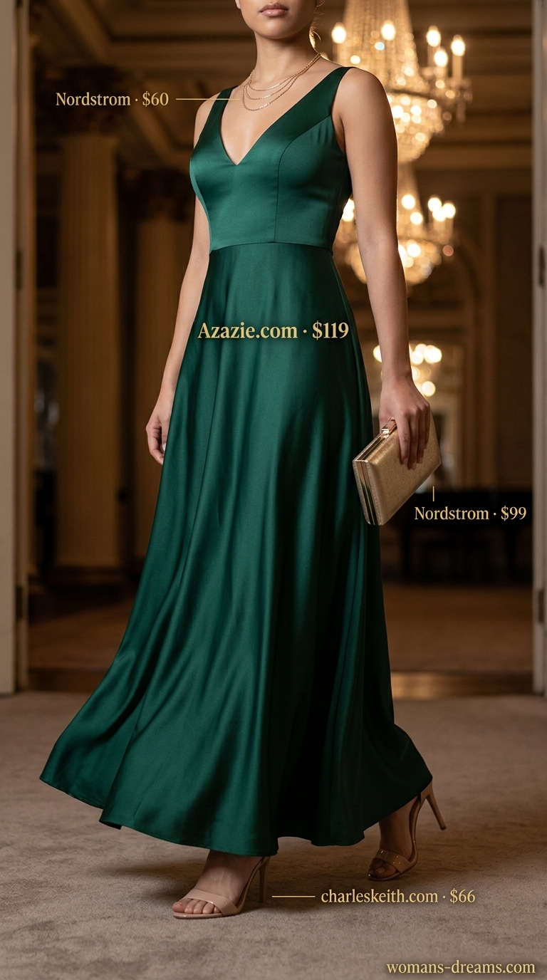 Elegant summer flowy maxi dresses 2026: Emerald green satin maxi dress for summer galas & upscale dinners.