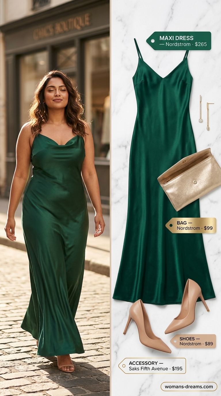 Elegant summer flowy maxi dresses 2026: Emerald green satin maxi dress for evening gala.