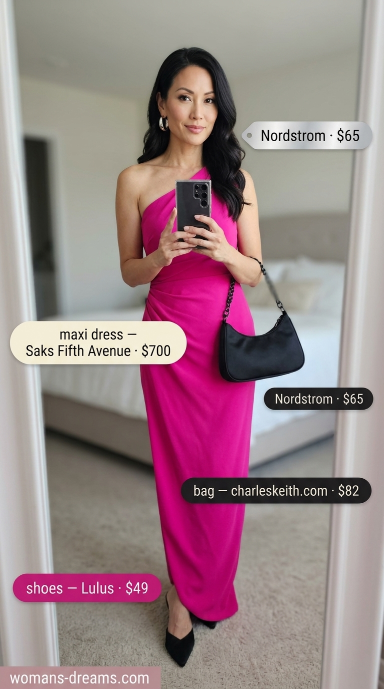 Elegant summer flowy maxi dresses 2026: Fuchsia one-shoulder maxi dress for cocktail parties & girls' night out.