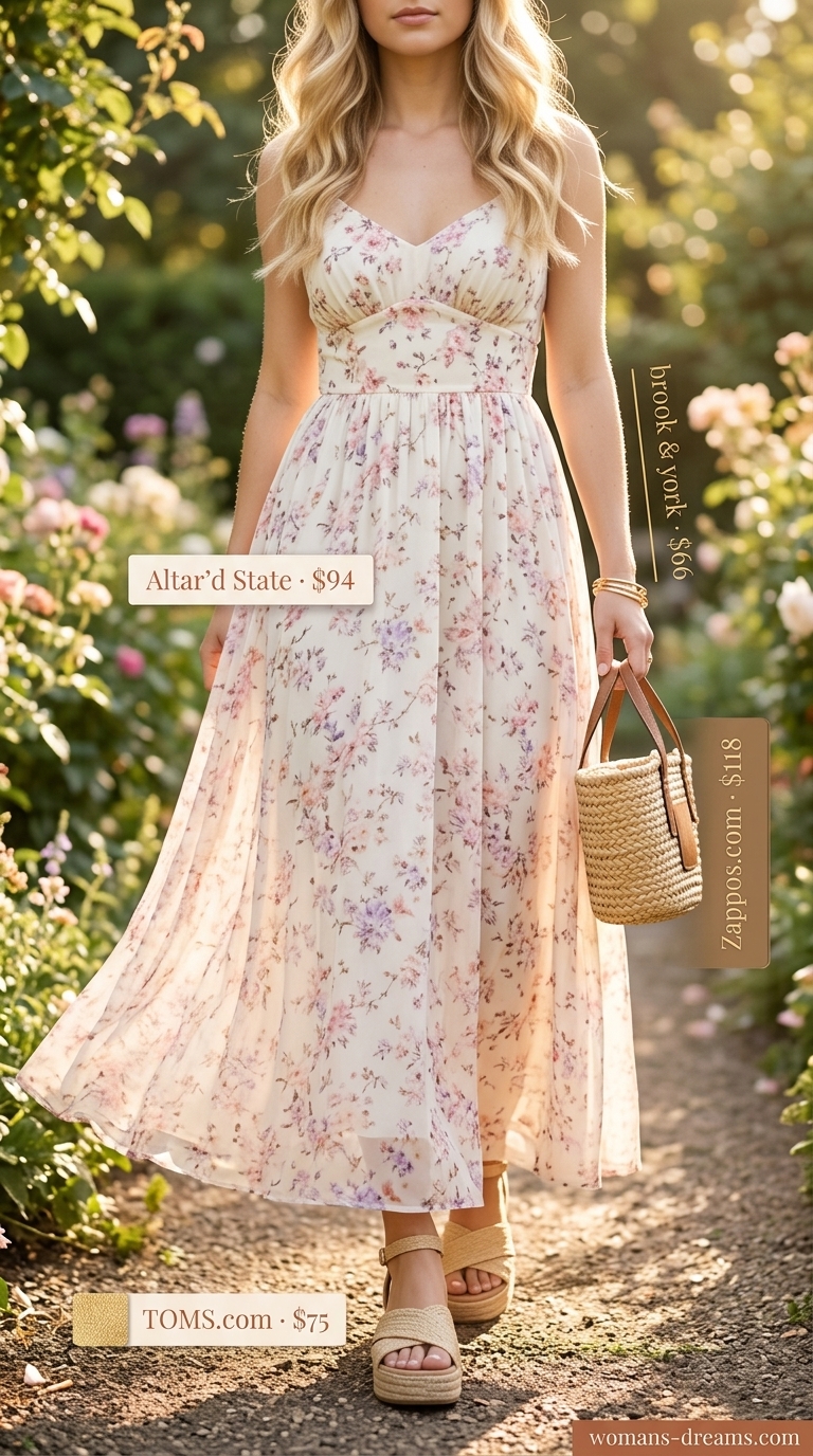Elegant summer flowy maxi dresses 2026: Pink floral maxi dress, espadrilles, straw bag for garden party.