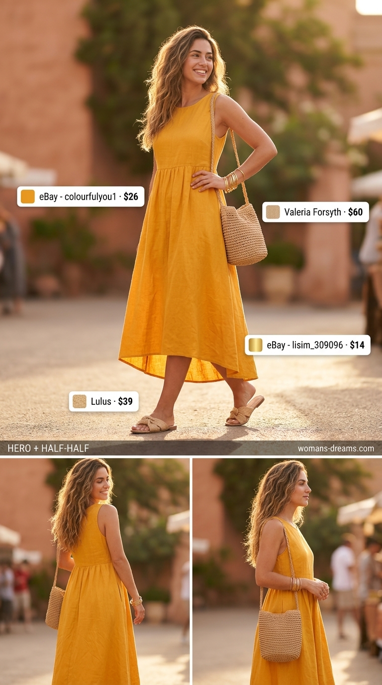 Elegant summer flowy maxi dresses 2026: Marigold yellow linen dress, cream slides, straw bag for a summer festival.