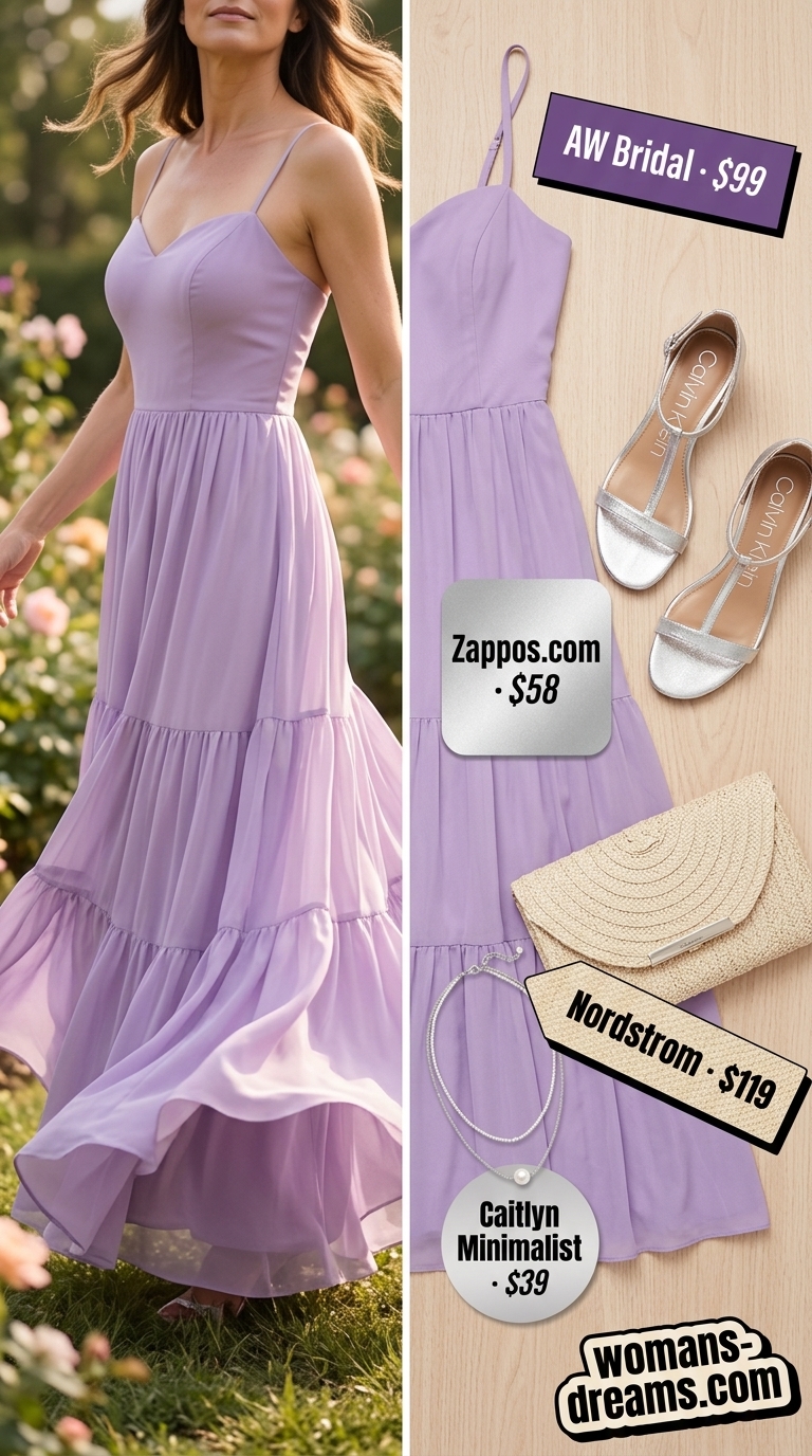 Elegant summer flowy maxi dresses 2026: Lavender crinkle chiffon tiered maxi dress for garden parties.