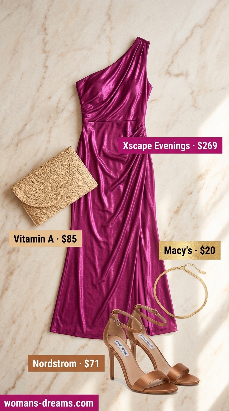 Elegant summer flowy maxi dresses 2026: Magenta one-shoulder dress, bronze sandals, gold anklet for a romantic seaside dinner.