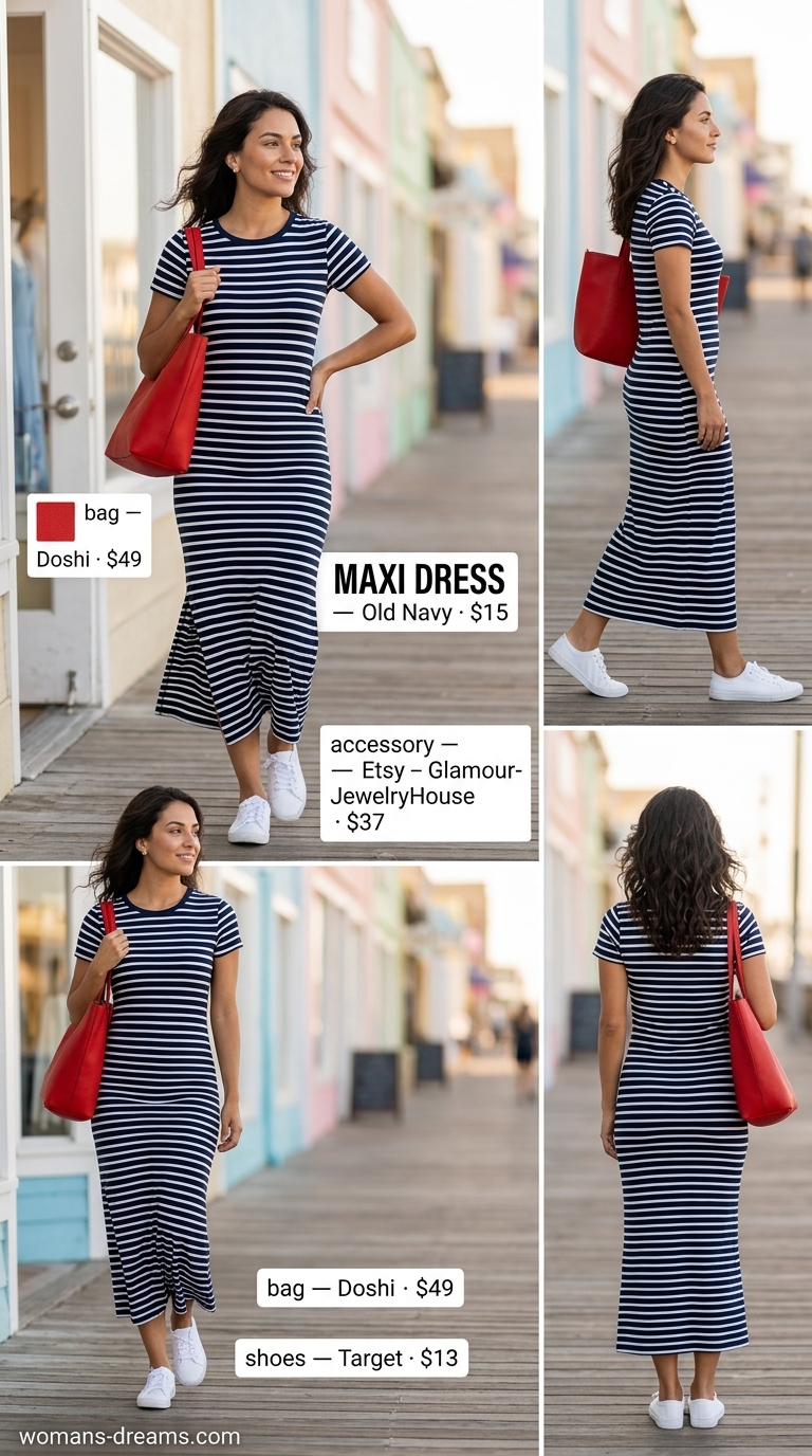 Elegant summer flowy maxi dresses 2026: Navy and white striped maxi dress for seaside lunch.