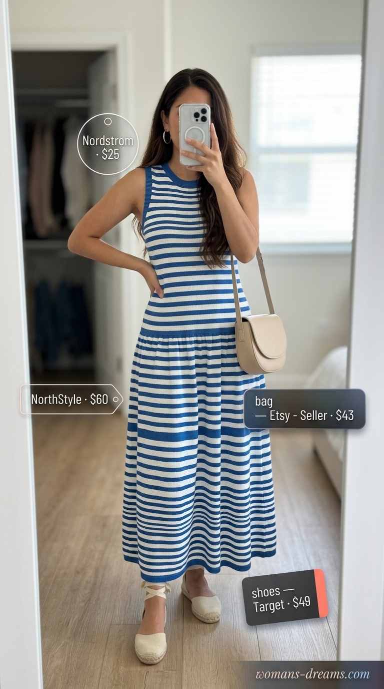Elegant summer flowy maxi dresses 2026: Navy striped maxi dress, espadrilles, red bag, fedora for Riviera lunch.
