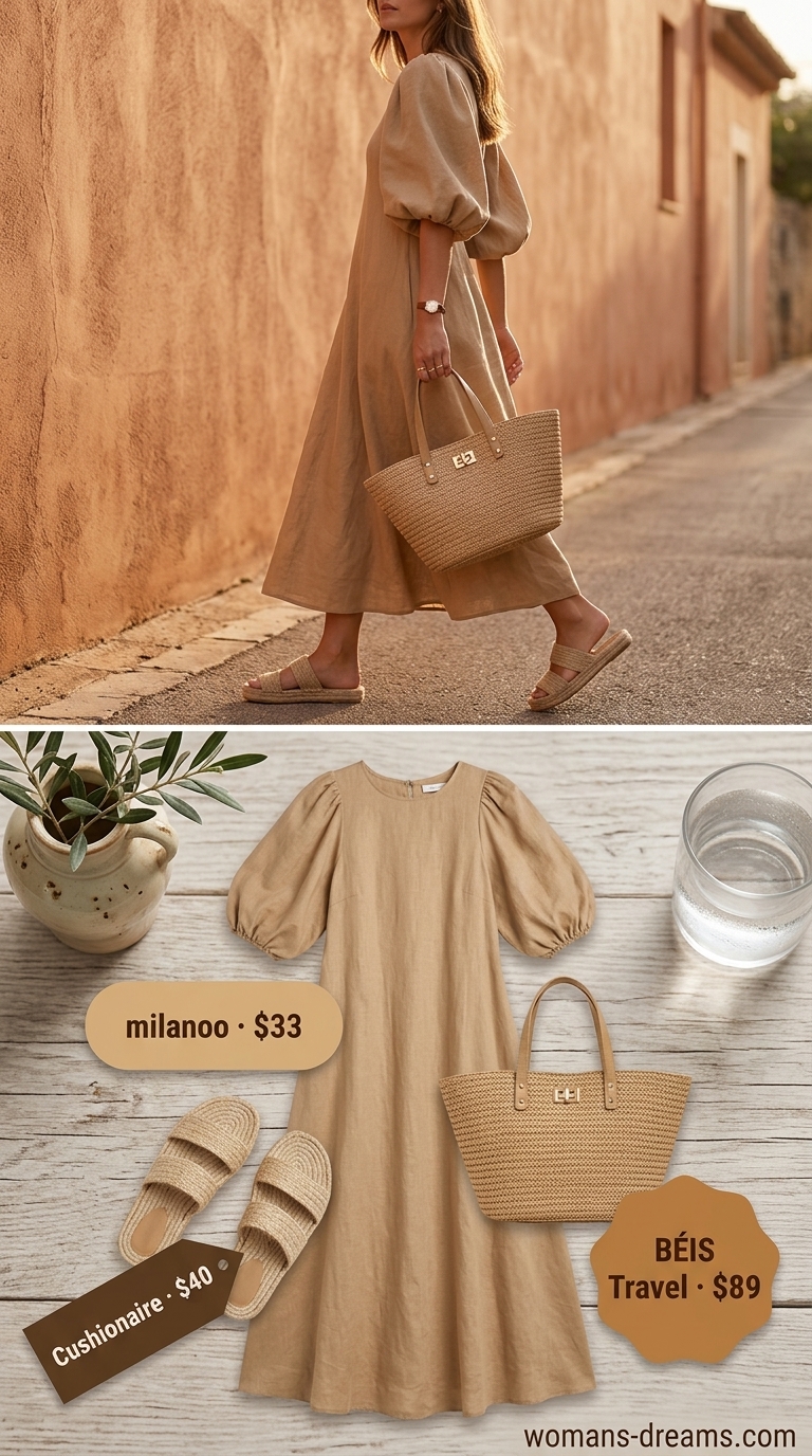 Elegant summer flowy maxi dresses 2026: Crisp white shirt dress, tan espadrilles, straw hat for vacation sightseeing.