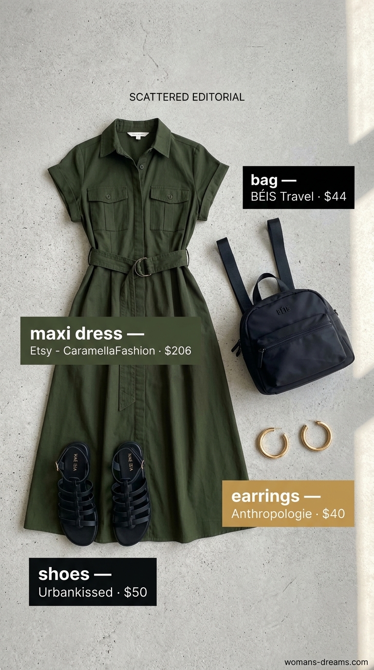 Elegant summer flowy maxi dresses 2026: Olive green utility maxi dress for safari chic travel.