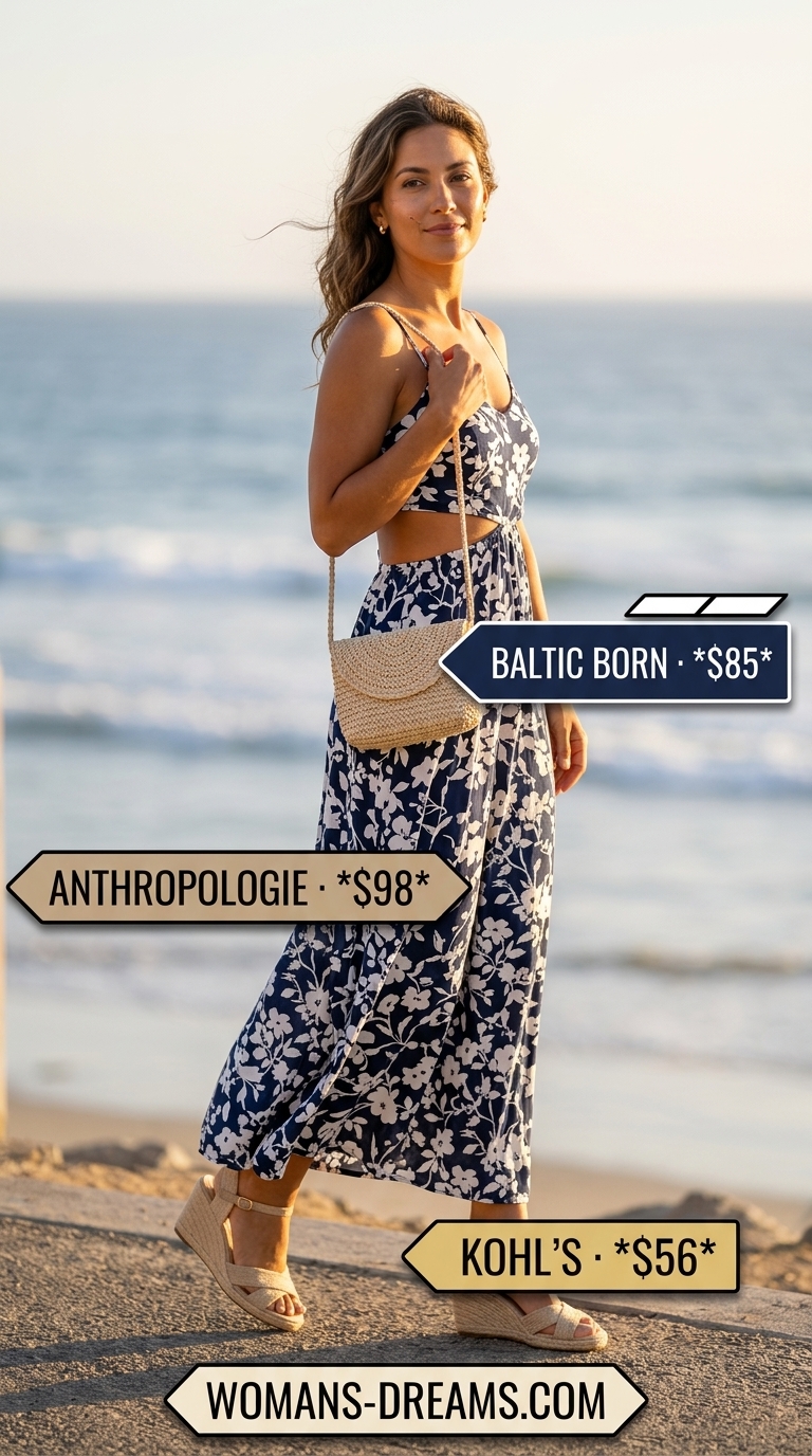 Elegant summer flowy maxi dresses 2026: Navy floral A-line dress, espadrilles, straw bag for a coastal vacation.